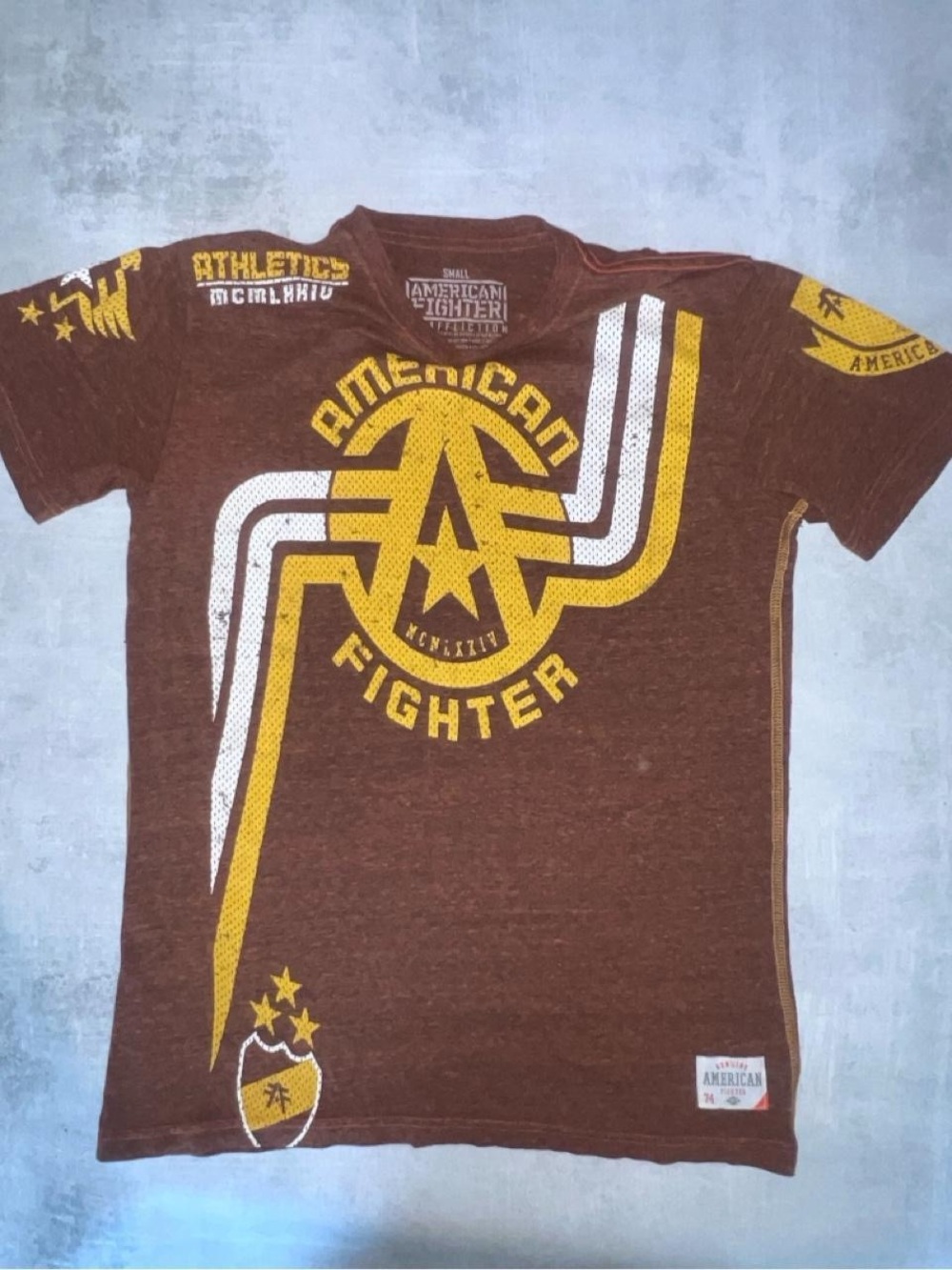 Affliction Brown Graphic Tee with Yellow & White Accents